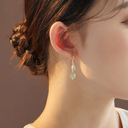 Buddha Stones 999 Sterling Silver Hetian Jade Bead Bamboo Leaf Luck Drop Dangle Earrings Earrings BS 5