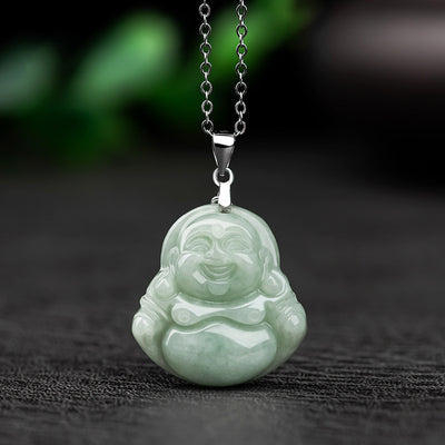 Buddha Stones 925 Sterling Silver Laughing Buddha Jade Blessing Necklace Chain Pendant Necklaces & Pendants BS Jade