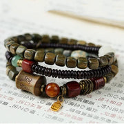 Buddha Stones Green Sandalwood Ebony Om Mani Padme Hum Engraved Peace Triple Wrap Bracelet Bracelet BS 3