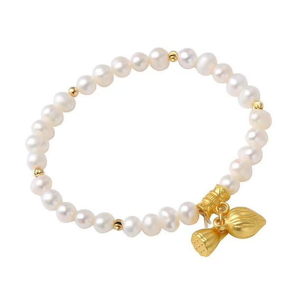 Buddha Stones 18K Gold Natural Pearl Lotus Flower Pod Wisdom Charm Bracelet Bracelet BS 4