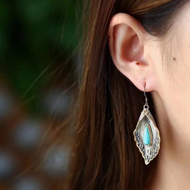 Buddha Stones 925 Sterling Silver Turquoise Bodhi Leaf Pattern Protection Drop Dangle Earrings Earrings BS 1