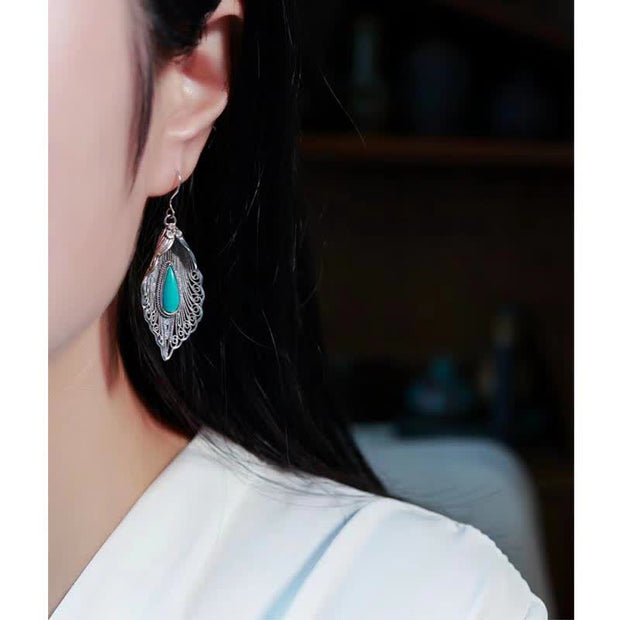 Buddha Stones 925 Sterling Silver Turquoise Bodhi Leaf Pattern Protection Drop Dangle Earrings Earrings BS 19
