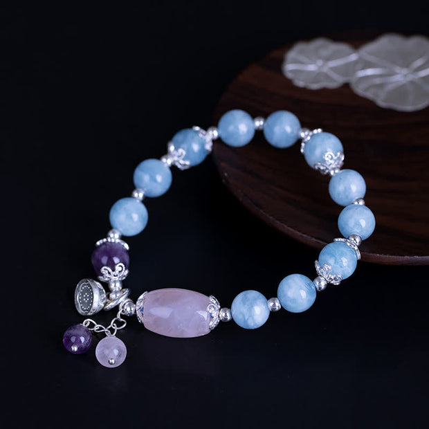 Buddha Stones 925 Sterling Silver Natural Aquamarine Amethyst Lotus Healing Charm Bracelet