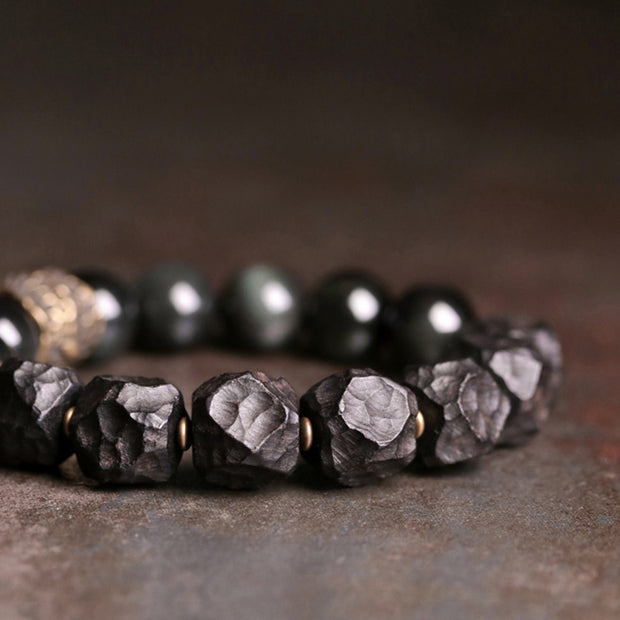 Buddha Stones Black Obsidian Ebony Wood Copper Strength Couple Bracelet Bracelet BS 9