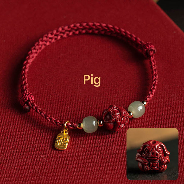 Buddha Stones Natural Cinnabar Chinese Zodiac Hetian Jade Fu Character Luck Rope Bracelet Bracelet BS Pig(Wrist Circumference 14-18cm)