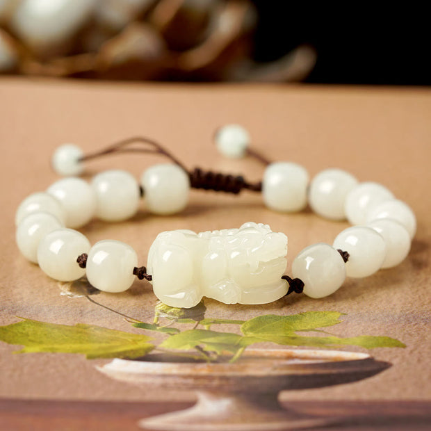 Buddha Stones Natural Hetian White Jade PiXiu Wealth String Bracelet Bracelet BS White Jade Pixiu Men