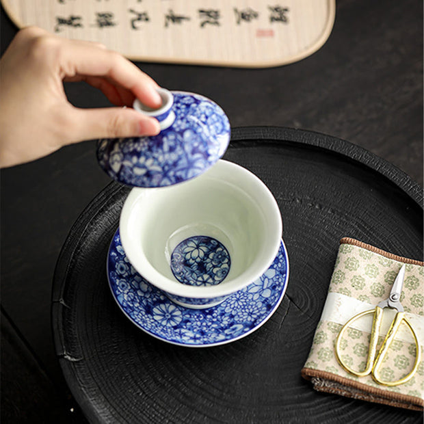 Buddha Stones Vintage Blue And White Porcelain Ceramic Gaiwan Sancai Teacup Kung Fu Tea Cup And Saucer With Lid