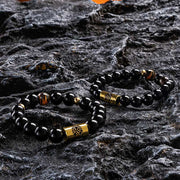 Buddha Stones Black Onyx Tiger Eye Bead Lion Engraved Protection Bracelet