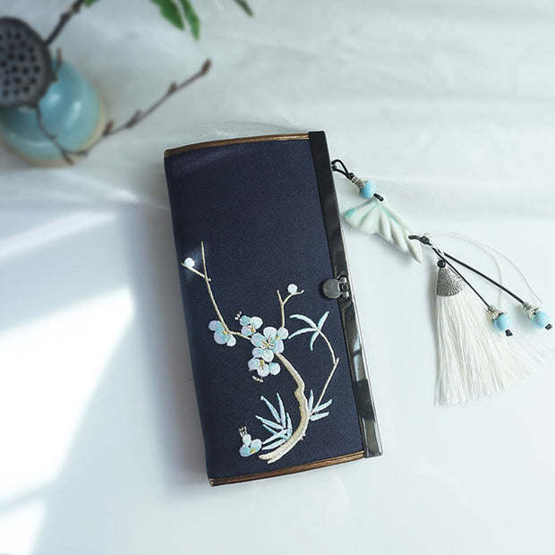 Buddha Stones Flower Plum Peach Blossom Bamboo Double-sided Embroidery Large Capacity Cash Holder Wallet Shopping Purse Bag BS Navy Blue Plum Bamboo