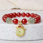 Buddha Stones Year of the Dragon Red Agate Jade Peace Buckle Fu Character Success Bracelet Bracelet BS Red Agate Dragon Jade Peace Buckle(Wrist Circumference 14-16cm)