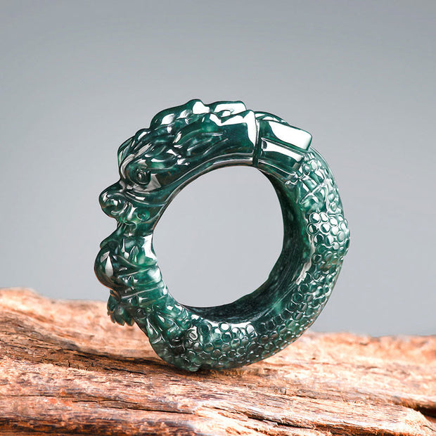 Buddha Stones Natural Cyan Jade Dragon Carved Success Ring Ring BS 1