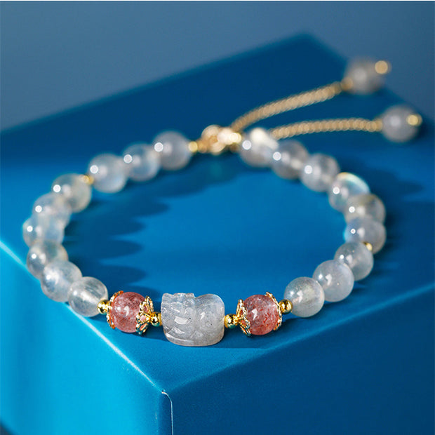 Buddha Stones Aquamarine Strawberry Quartz Amethyst Moonstone PiXiu Healing Bracelet Bracelet BS Moonstone (Love ♥ Calm)