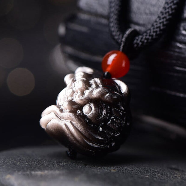 Buddha Stones Natural Silver Sheen Obsidian Dancing Lion Protection Necklace Pendant