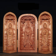 Buddha Stones Avalokitesvara Kwan Yin Buddha Cherry Wood Compassion Home Decoration Altar Prayer Altar BS Three Avalokitesvara