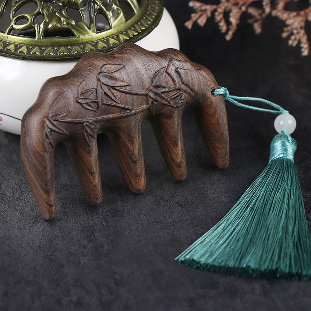 Buddha Stones Green Sandalwood Plum Blossom Flowers Lotus Koi Fish Engraved Soothing Tassel Comb Comb BS Chacate Preto Wood Bamboo