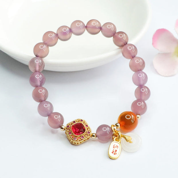 Buddha Stones Natural Purple Chalcedony Candy Agate Peace Buckle Harmony Lucky Fortune Charm Bracelet Bracelet BS 1