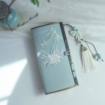 Buddha Stones Flower Plum Peach Blossom Bamboo Double-sided Embroidery Large Capacity Cash Holder Wallet Shopping Purse Bag BS Green Epiphyllum Flower