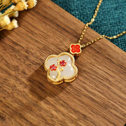 Buddha Stones 24K Gold Plated White Jade Four Leaf Clover Plum Blossom Luck Necklace Pendant Earrings Necklaces & Pendants BS 2