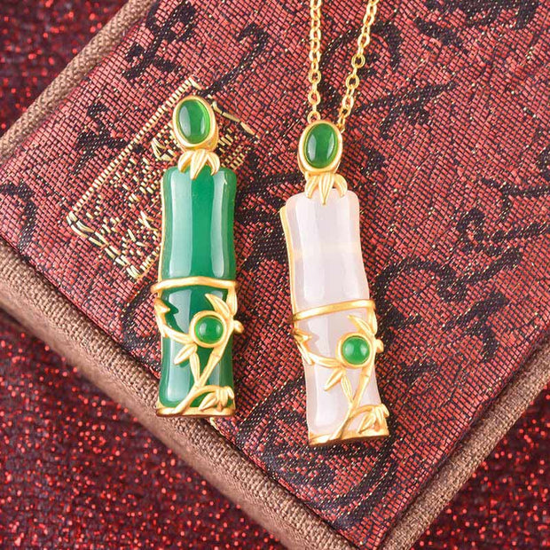 Buddha Stones White Jade Cyan Jade Bamboo Protection Necklace Pendant Necklaces & Pendants BS 10