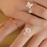 Buddha Stones 14k Gold Plated Round Hetian Jade Tridacna Stone Peach Blossom Flower Butterfly Prosperity Adjustable Ring Ring BS 8