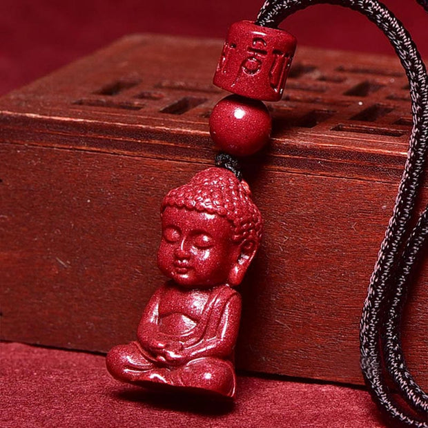 Buddha Stones Natural Cinnabar Buddha Pattern Om Mani Padme Hum Blessing String Necklace Pendant Necklaces & Pendants BS 1