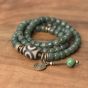 Buddha Stones Cyan Bodhi Seed Dzi Bead Wisdom Peace Triple Wrap Bracelet Mala Bracelet BS 2