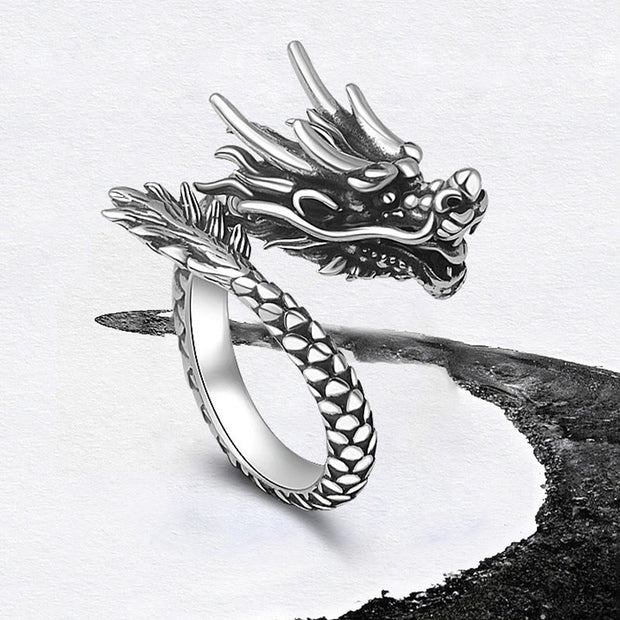 Buddha Stones 990 Sterling Silver Vintage Dragon Design Luck Protection Strength Adjustable Ring Ring BS 4