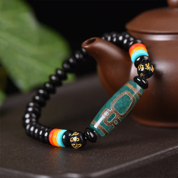 Buddha Stones Tibetan Nine-Eye Dzi Bead Om Mani Padme Hum Power Bracelet Bracelet BS 1