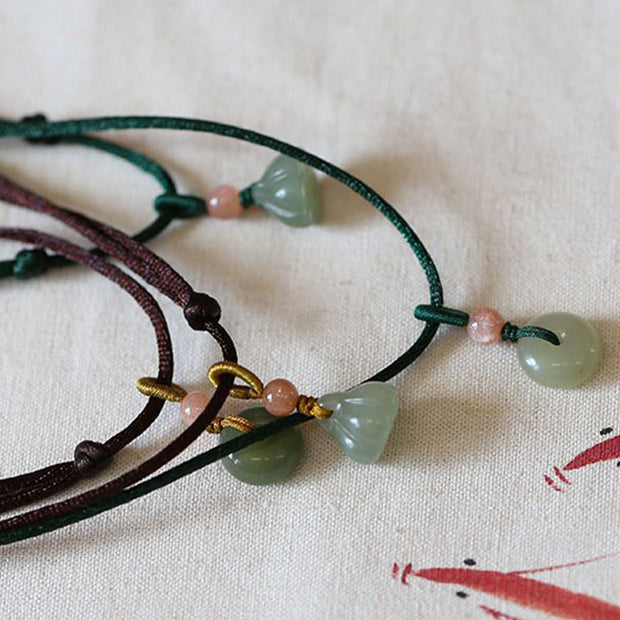 Buddha Stones Natural Round Jade Peace Buckle Lotus Abundance String Necklace Pendant Necklaces & Pendants BS 14
