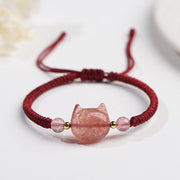 Buddha Stones Handmade Natural Silver Sheen Obsidian Strawberry Quartz Cute Cat Protection Braided Bracelet Bracelet BS Strawberry Quartz(Love♥Healing) Lovely Cat