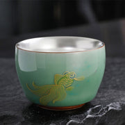 Buddha Stones 999 Sterling Silver Gilding Butterfly Goldfish Lotus Koi Fish Ceramic Teacup Kung Fu Tea Cup 120ml Cup BS Goldfish 7.3cm*5.3cm*120ml