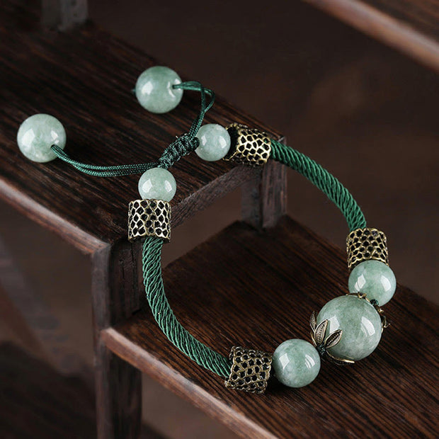 Buddha Stones Handmade Green Rope Luck Jade Bead Prosperity Bracelet