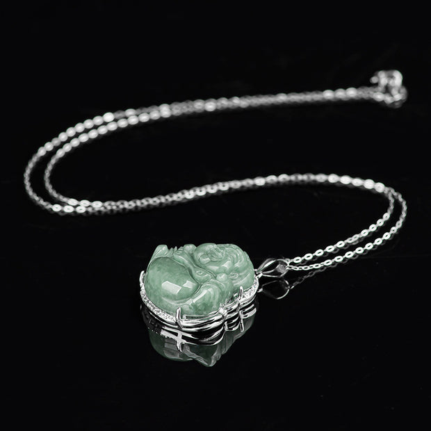 Buddha Stones 925 Sterling Silver Laughing Buddha Jade Abundance Necklace Chain Pendant Necklaces & Pendants BS 9