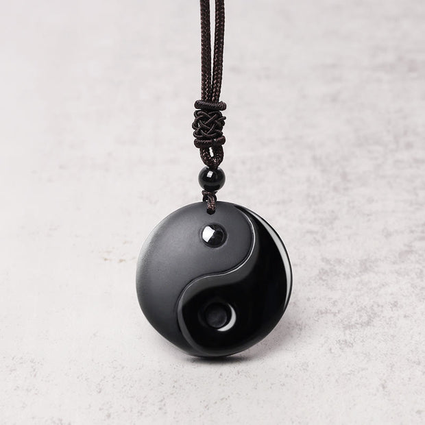 Buddha Stones Black Obsidian Taoism Five Sacred Mountains Nine-Character Mantra Carved Purification Yin Yang Necklace Pendant