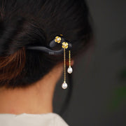 Buddha Stones 925 Sterling Silver Ebony Wood Flower Pearl Tassels Hairpin
