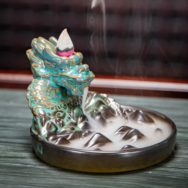 Buddha Stones Dragon Pattern Ceramic Backflow Smoke Fountain Incense Burner Decoration