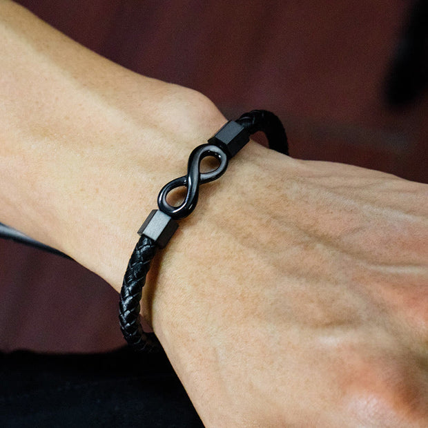 Buddha Stones Endless Knot Titanium Steel Infinity Leather Weave Balance Bracelet Bracelet BS 5