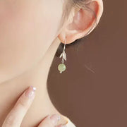 Buddha Stones 999 Sterling Silver Hetian Jade Bead Bamboo Leaf Luck Drop Dangle Earrings Earrings BS 4