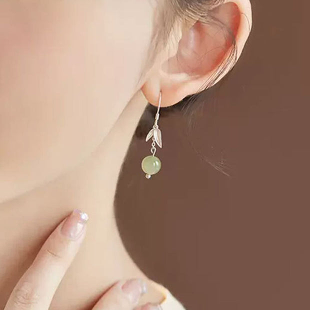 Buddha Stones 999 Sterling Silver Hetian Jade Bead Bamboo Leaf Luck Drop Dangle Earrings Earrings BS 4