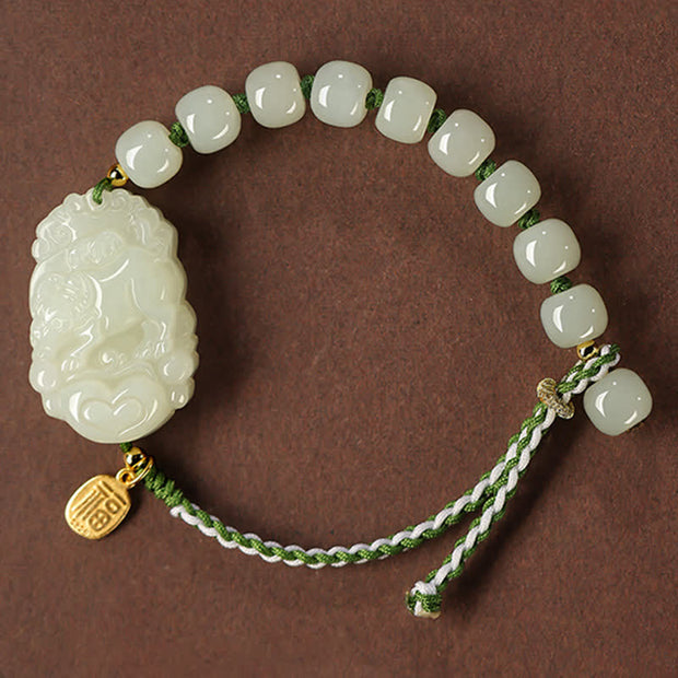 Buddha Stones 925 Sterling Silver Chinese Zodiac Hetian Jade Happiness Luck String Bracelet Bracelet BS Ox