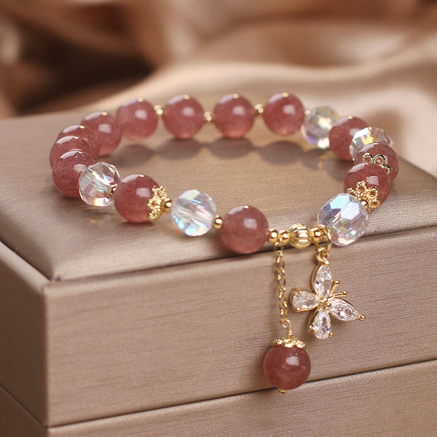 Buddha Stones Natural Strawberry Quartz Love Healing Butterfly Charm Bracelet Bracelet BS 2