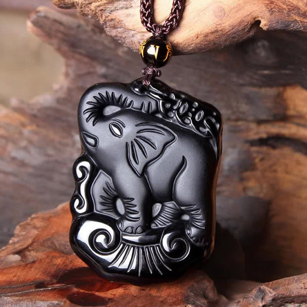 Buddha Stones Black Obsidian Elephant Protection String Necklace Pendant Key Chain Necklaces & Pendants BS 7