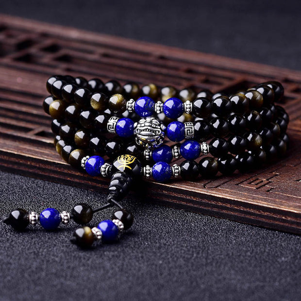 Buddha Stones 108 Beads Black Obsidian Tiger Eye Lazurite Mala Bracelet Mala Bracelet BS Gold Sheen Obsidian&Lazurite-8mm