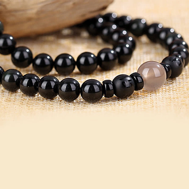 Buddha Stones 108 Beads Black Obsidian Dzi Bead Tiger Eye Agate Healing Mala Bracelet Bracelet BS 19
