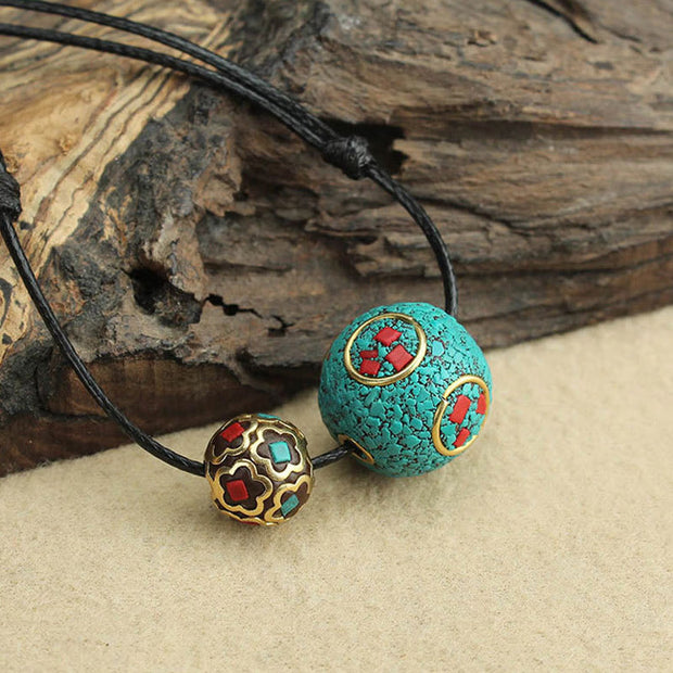 Buddha Stones Tibetan Turquoise Double Bead Protection Strength Necklace Pendant Necklaces & Pendants BS 3
