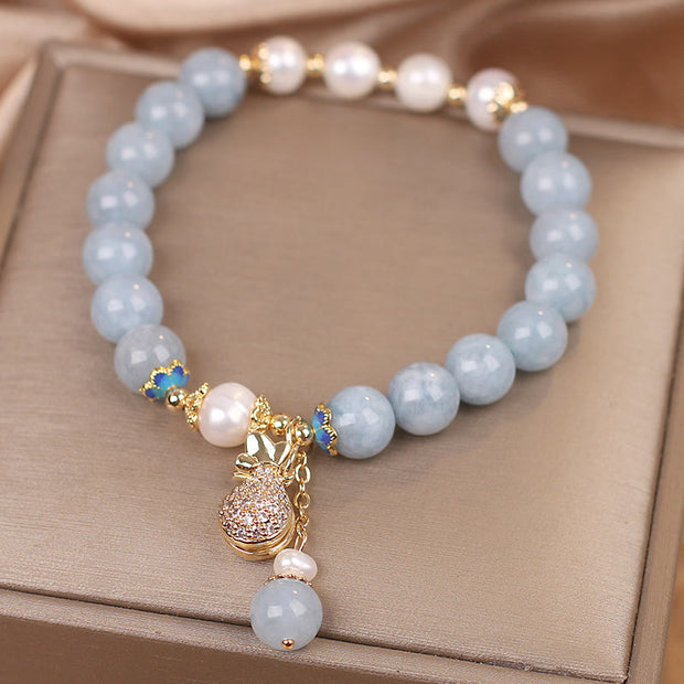 Buddhastoneshop Aquamarine Pearl Fortune Money Bag Charm Bracelet