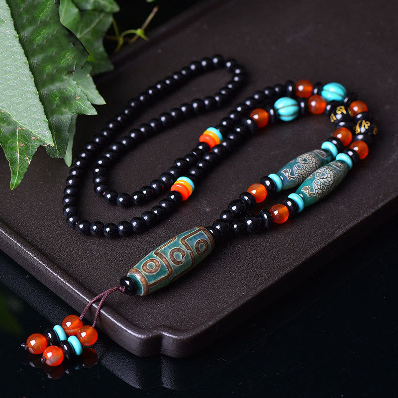 Buddha Stones Tibetan Nine-Eye Dzi Bead Dragon Pattern Om Mani