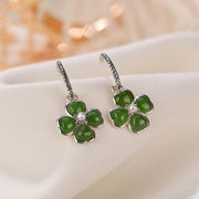 Buddha Stones 925 Sterling Silver Natural Cyan Jade Four Leaf Clover Luck Success Earrings Earrings BS 2