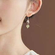 Buddha Stones 999 Sterling Silver Hetian Jade Bead Bamboo Leaf Luck Drop Dangle Earrings Earrings BS 7