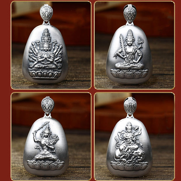 Buddha Stones 999 Sterling Silver Chinese Zodiac Natal Buddha Heart Sutra Engraved Protection Necklace Pendant